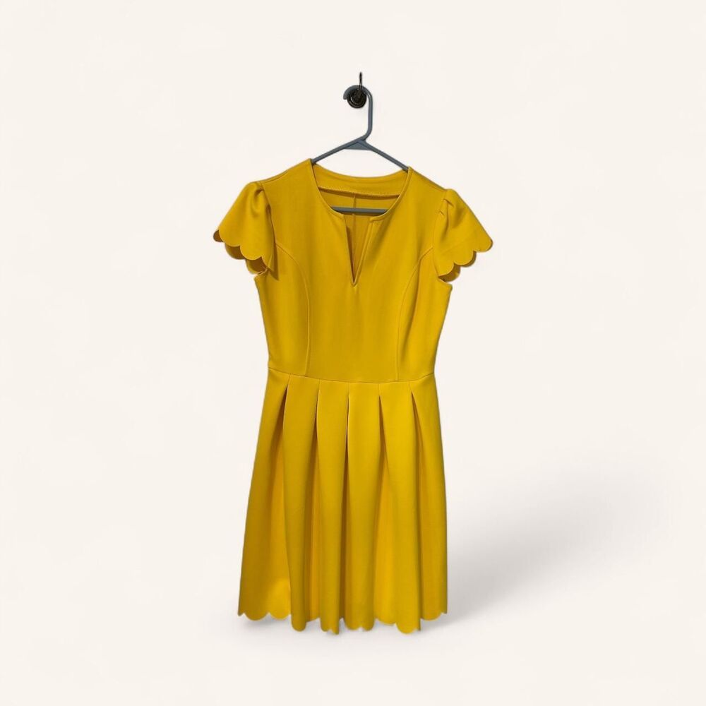 Women's Yellow Mini Pleated Dress with Scalloped sleeves and hemline